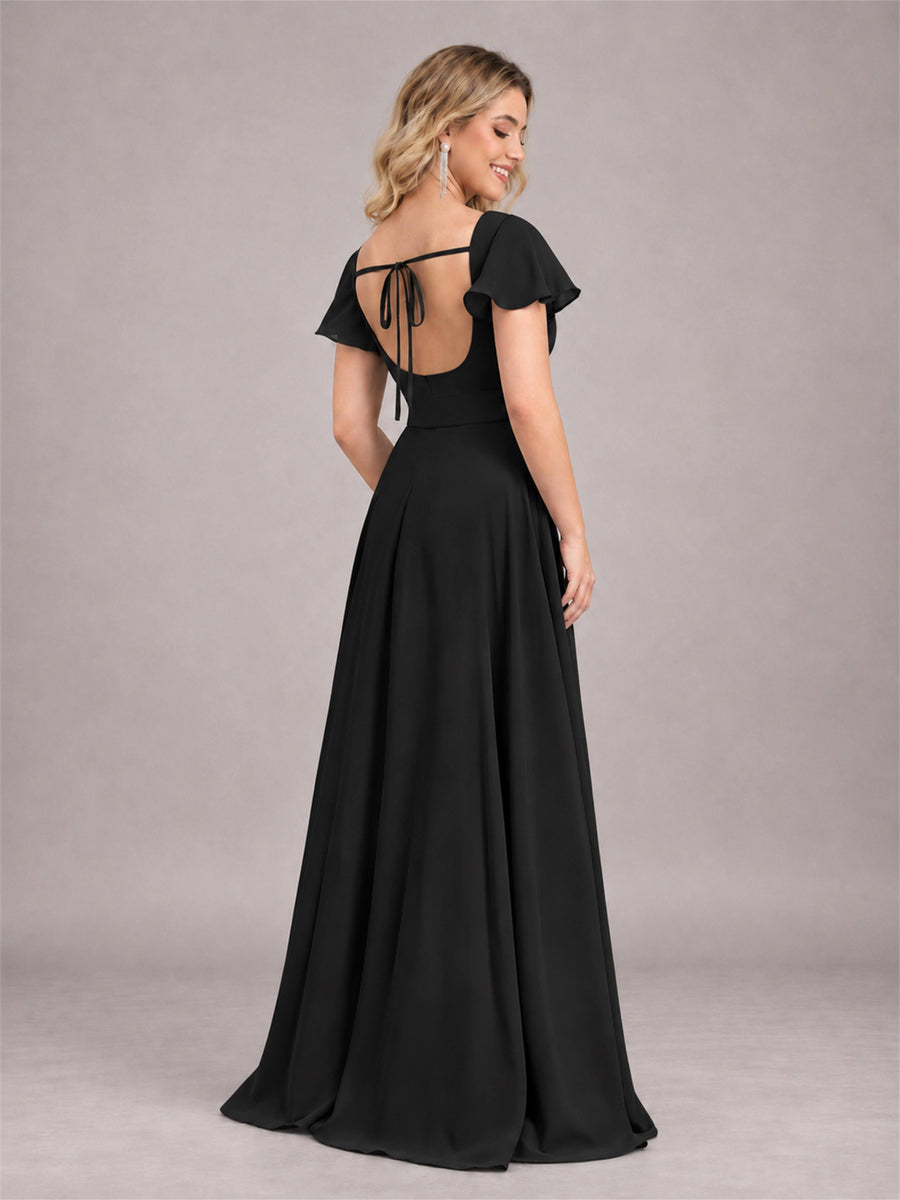 Black Refined High Low Ruffles Chiffon Bridesmaid Dress with Belt