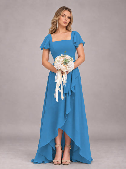 Blue Refined High Low Ruffles Chiffon Bridesmaid Dress with Belt