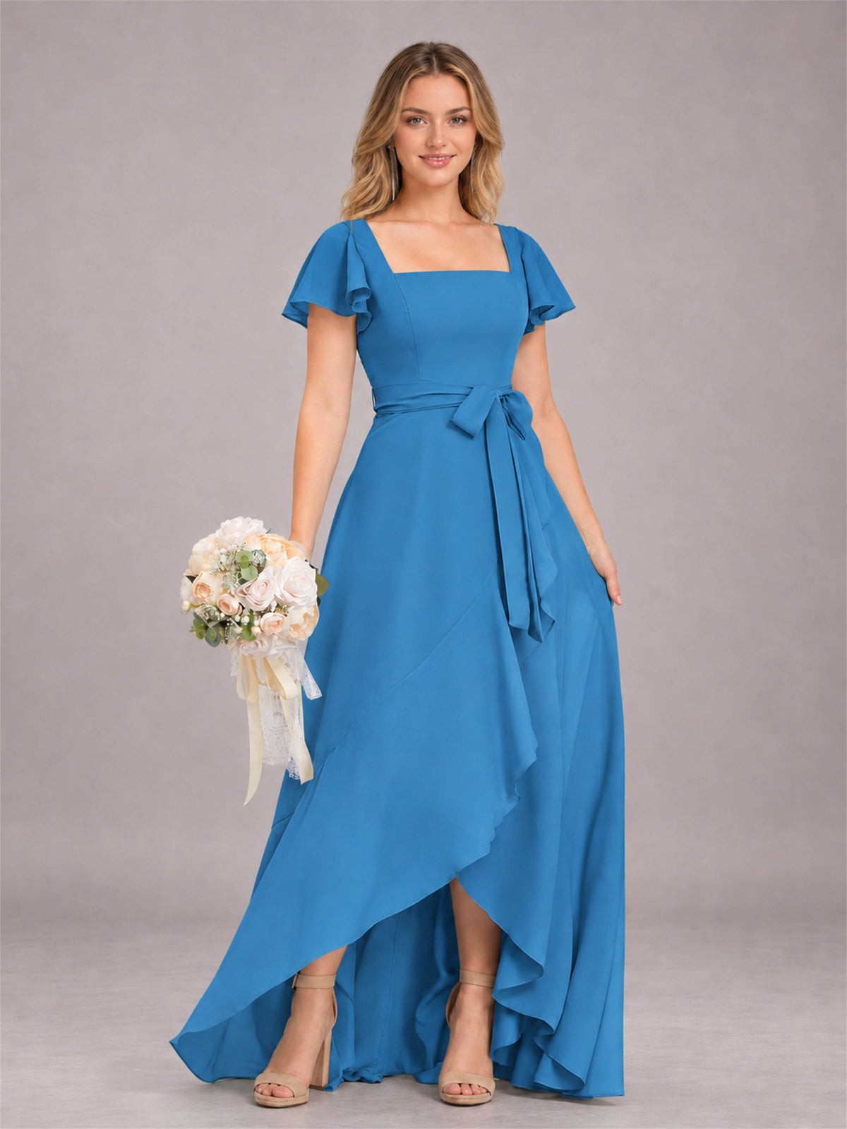 Blue Refined High Low Ruffles Chiffon Bridesmaid Dress with Belt