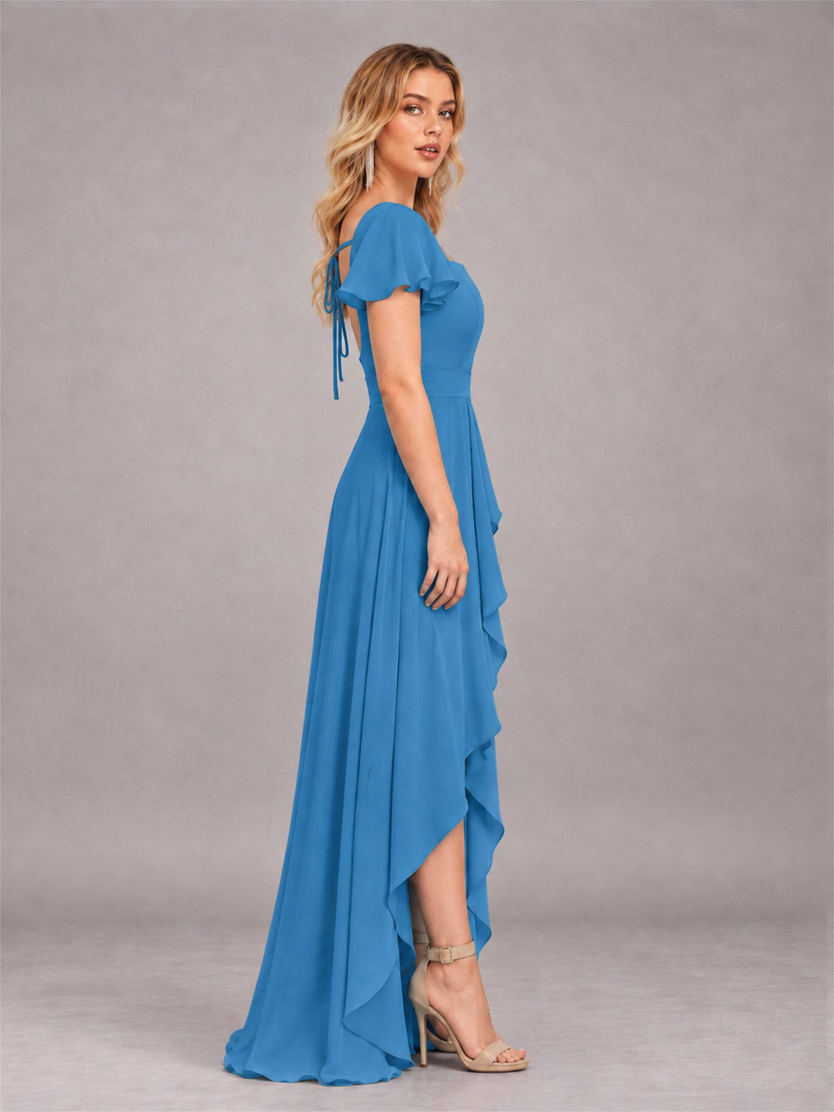 Blue Refined High Low Ruffles Chiffon Bridesmaid Dress with Belt