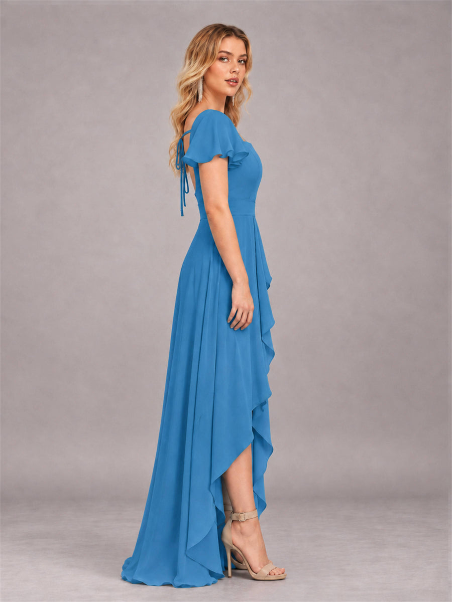 Blue Refined High Low Ruffles Chiffon Bridesmaid Dress with Belt