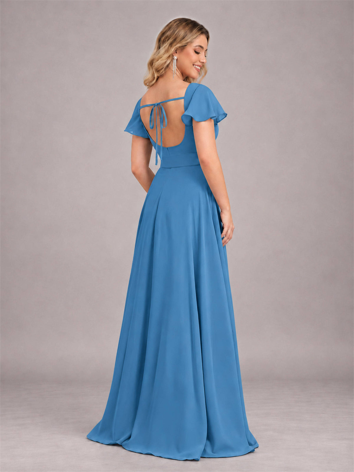 Blue Refined High Low Ruffles Chiffon Bridesmaid Dress with Belt