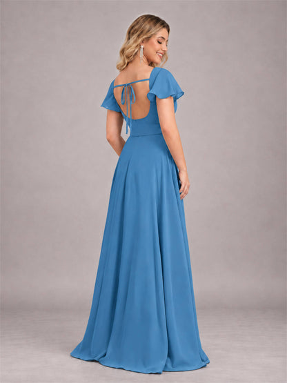 Blue Refined High Low Ruffles Chiffon Bridesmaid Dress with Belt