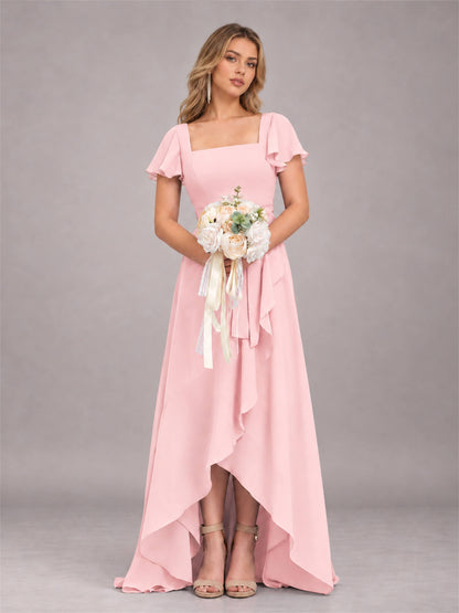 Blush Pink Refined High Low Ruffles Chiffon Bridesmaid Dress with Belt