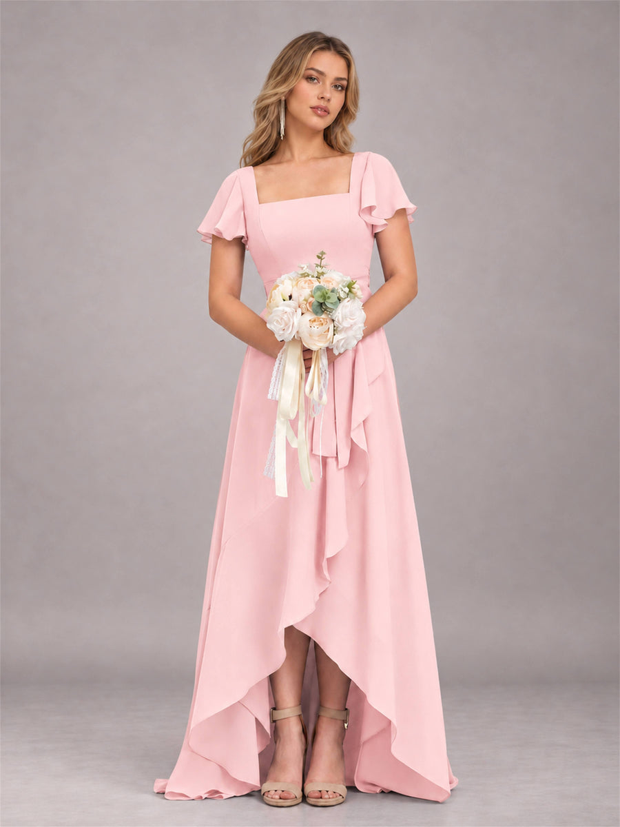 Blush Pink Refined High Low Ruffles Chiffon Bridesmaid Dress with Belt