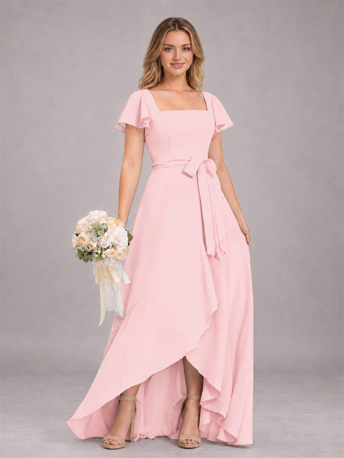 Blush Pink Refined High Low Ruffles Chiffon Bridesmaid Dress with Belt