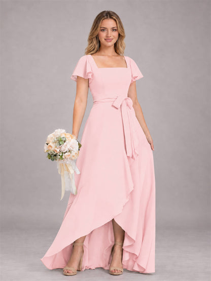 Blush Pink Refined High Low Ruffles Chiffon Bridesmaid Dress with Belt