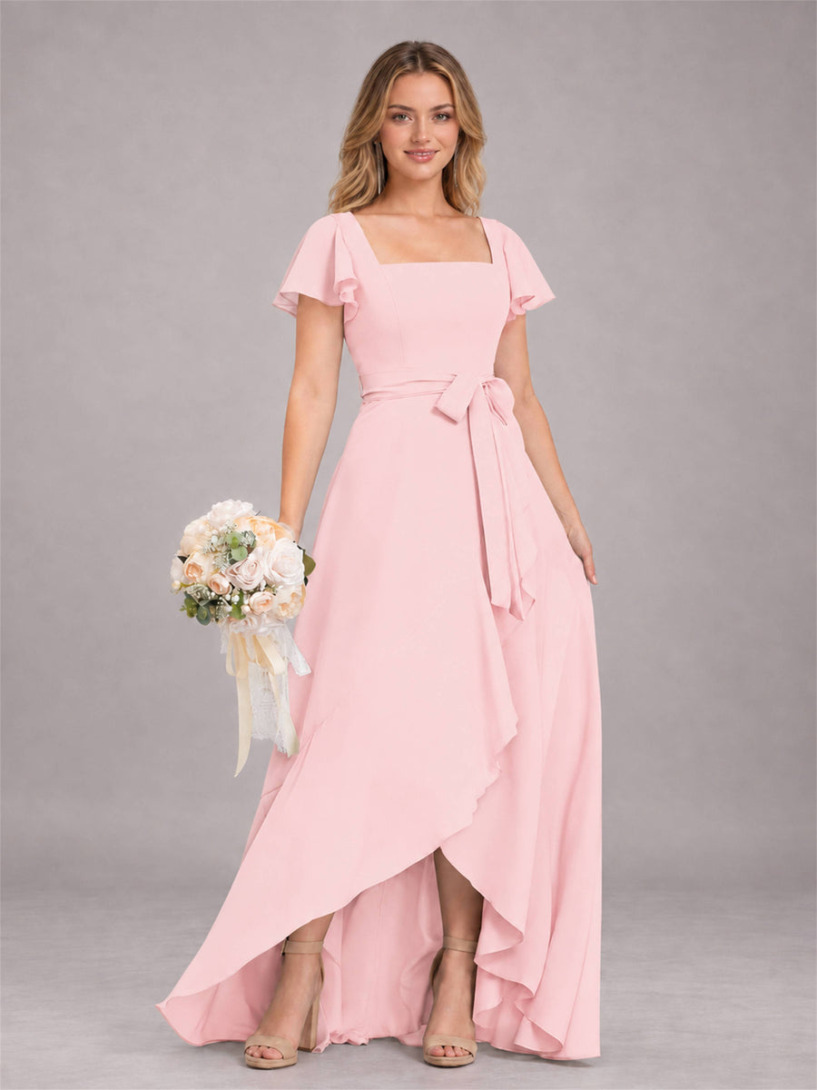 Blush Pink Refined High Low Ruffles Chiffon Bridesmaid Dress with Belt