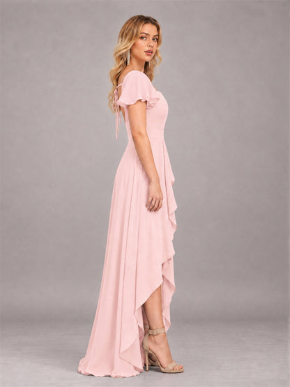Blush Pink Refined High Low Ruffles Chiffon Bridesmaid Dress with Belt