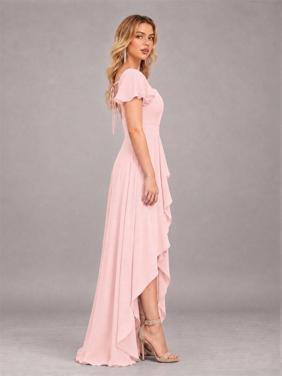 Blush Pink Refined High Low Ruffles Chiffon Bridesmaid Dress with Belt