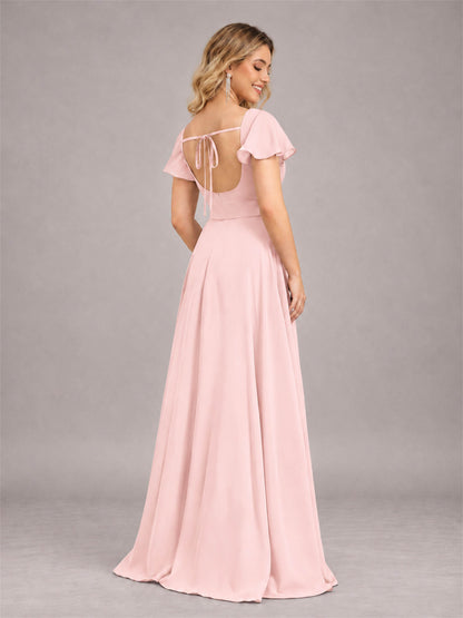 Blush Pink Refined High Low Ruffles Chiffon Bridesmaid Dress with Belt