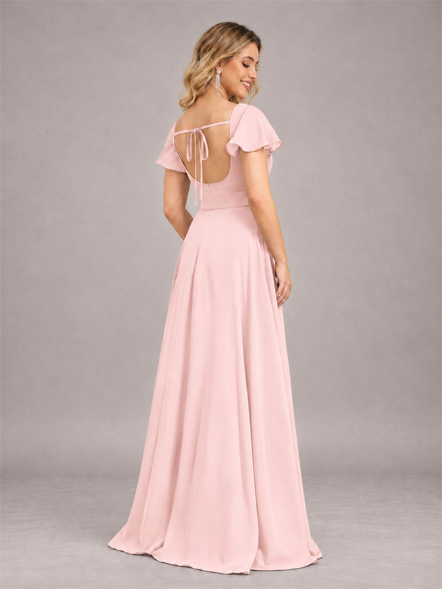 Blush Pink Refined High Low Ruffles Chiffon Bridesmaid Dress with Belt