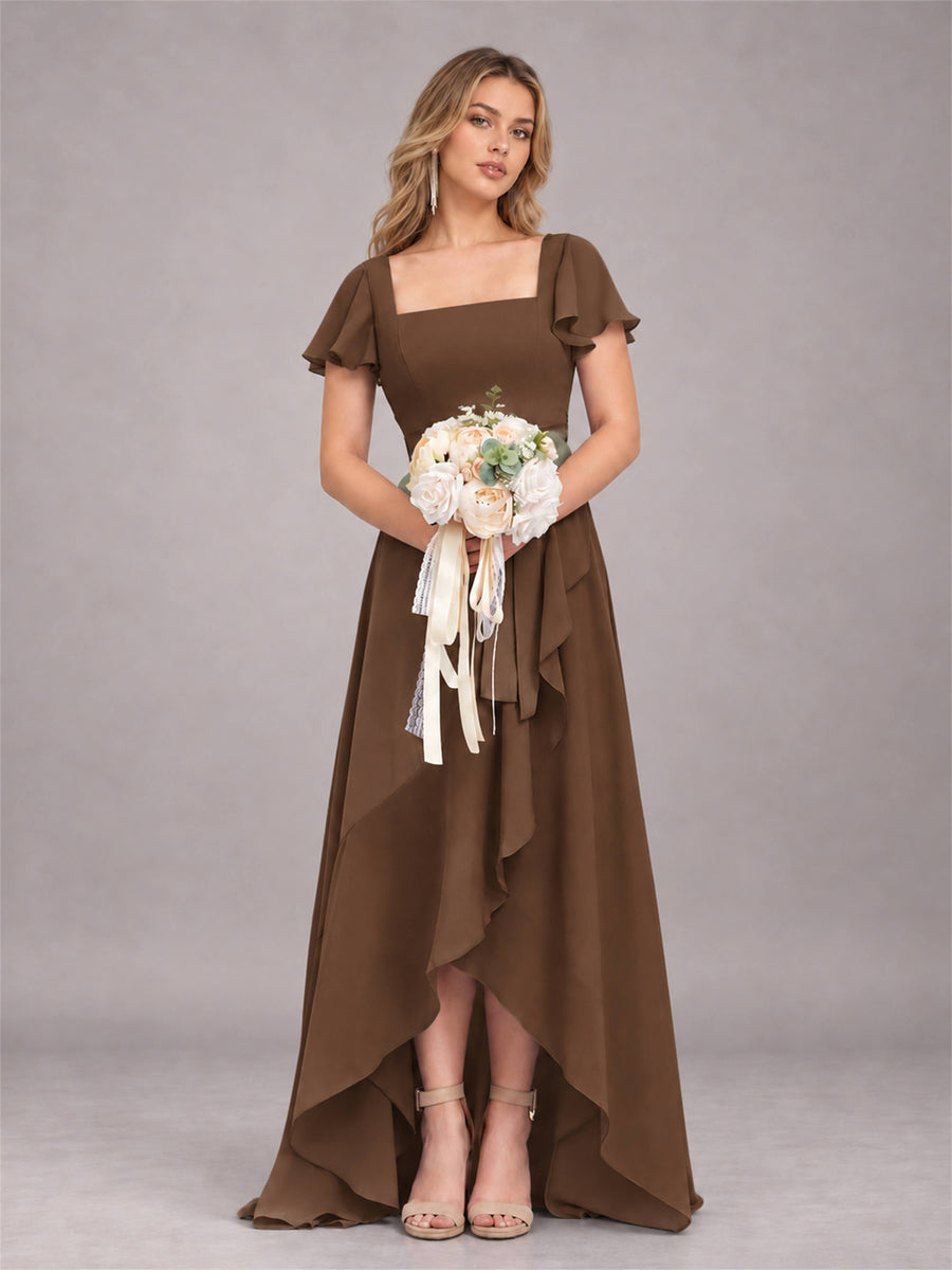 Brown Refined High Low Ruffles Chiffon Bridesmaid Dress with Belt