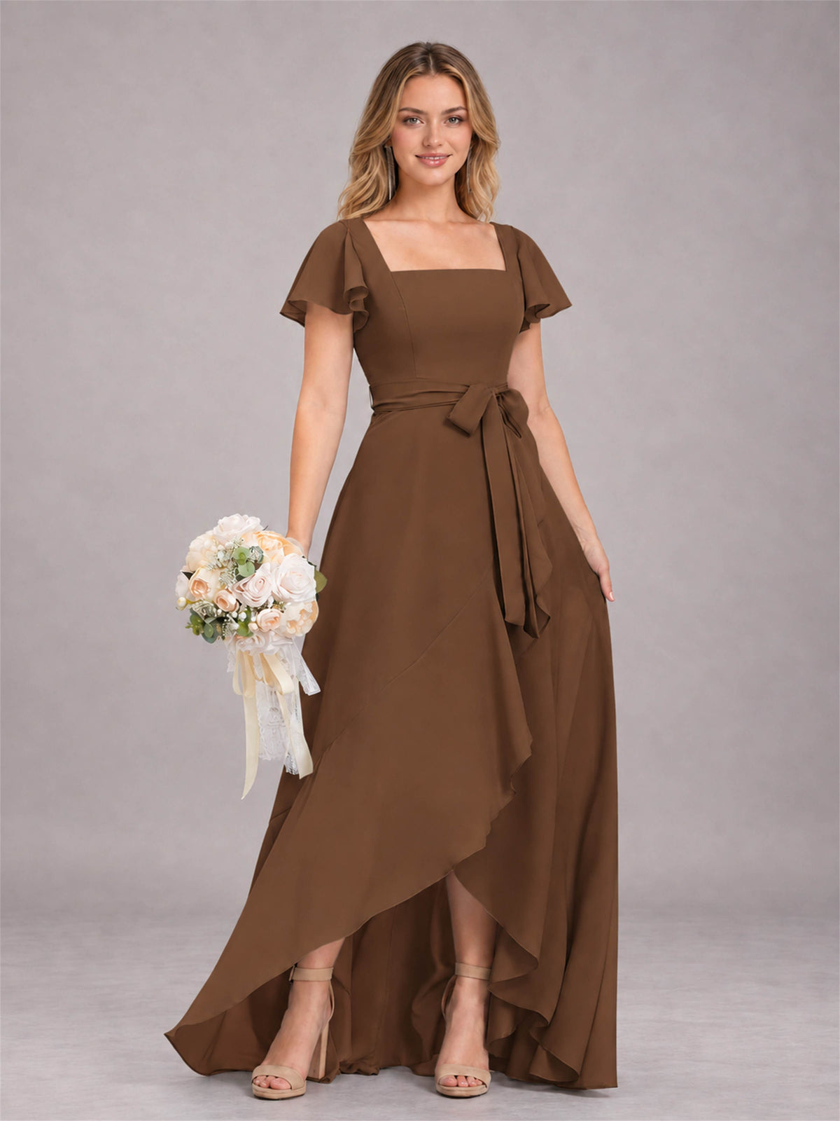 Brown Refined High Low Ruffles Chiffon Bridesmaid Dress with Belt