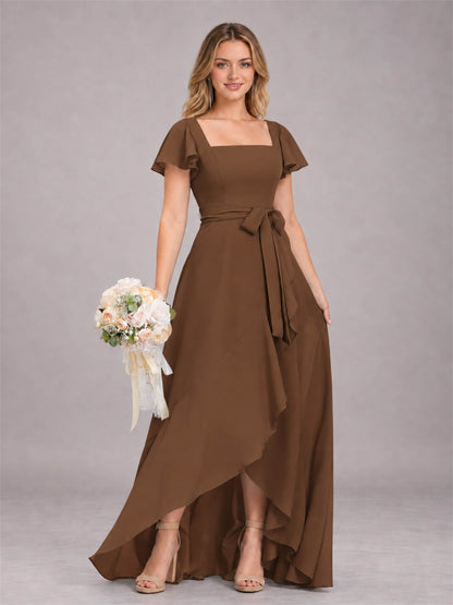 Brown Refined High Low Ruffles Chiffon Bridesmaid Dress with Belt