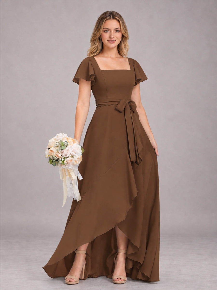 Brown Refined High Low Ruffles Chiffon Bridesmaid Dress with Belt