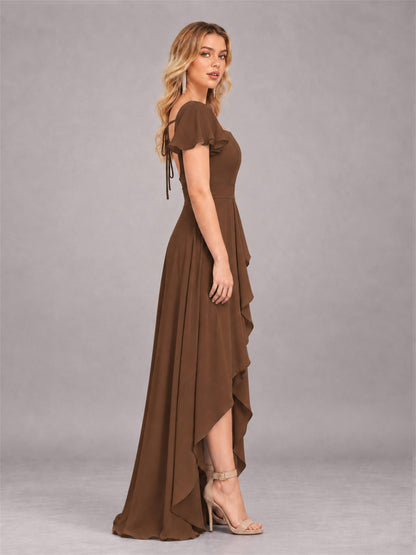 Brown Refined High Low Ruffles Chiffon Bridesmaid Dress with Belt