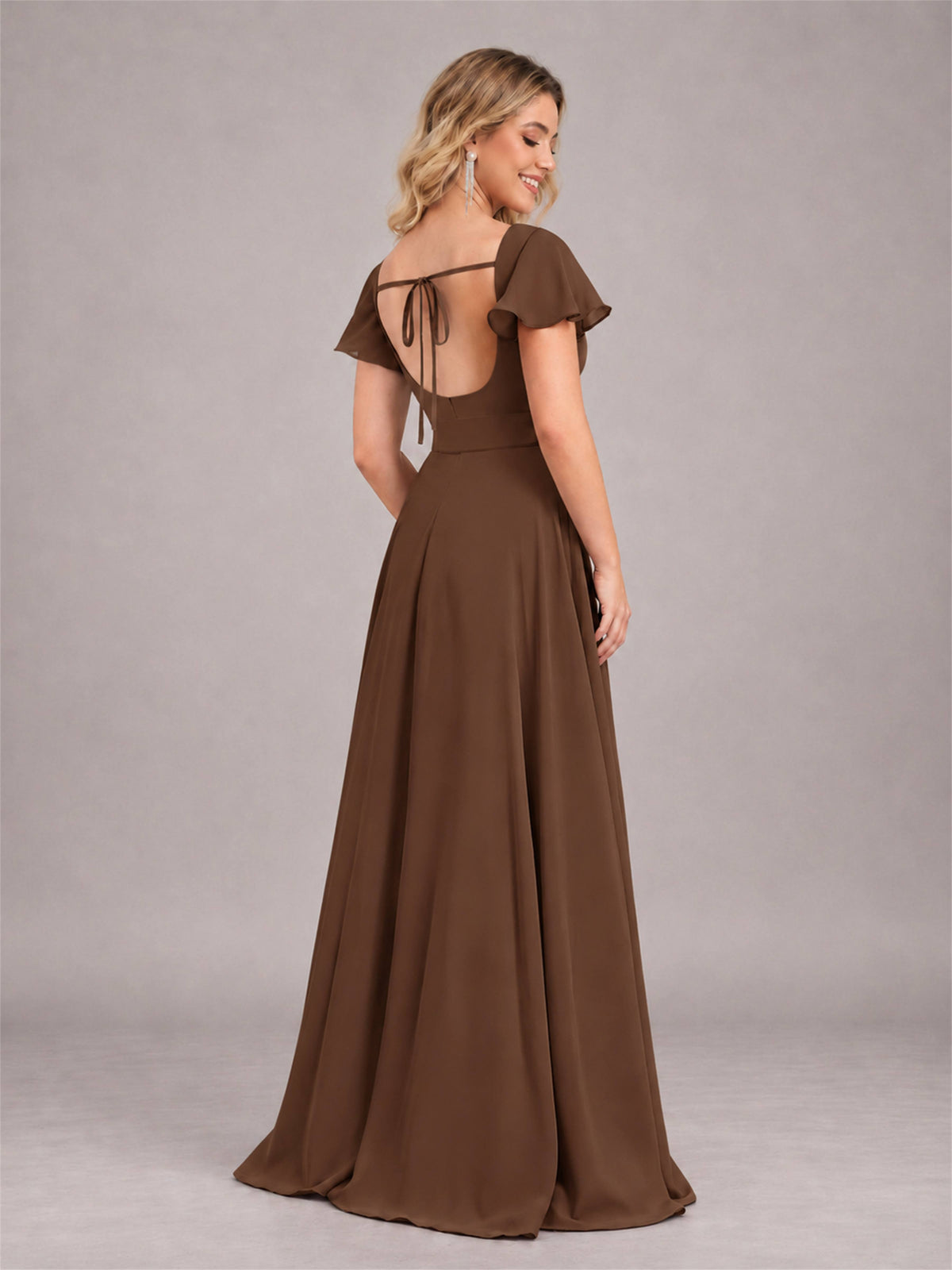 Brown Refined High Low Ruffles Chiffon Bridesmaid Dress with Belt