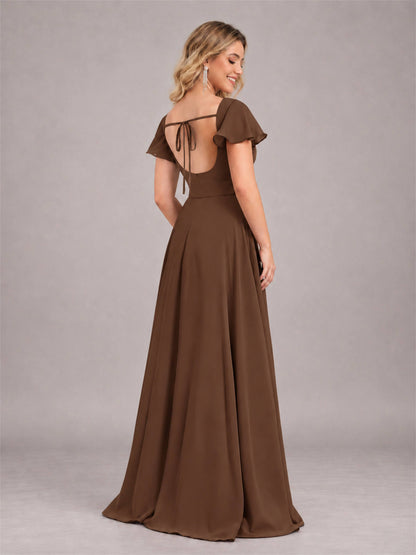 Brown Refined High Low Ruffles Chiffon Bridesmaid Dress with Belt