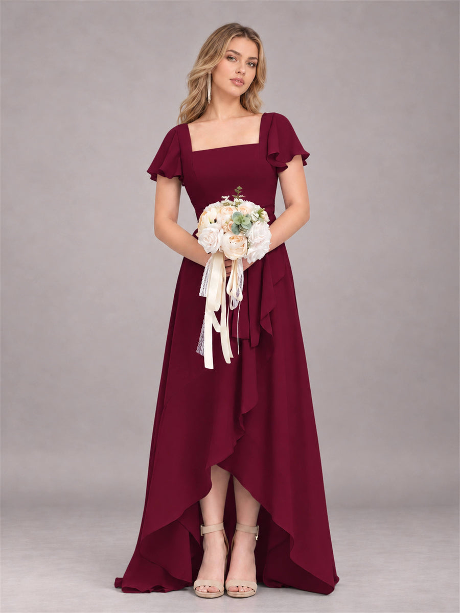 Burgundy Refined High Low Ruffles Chiffon Bridesmaid Dress with Belt