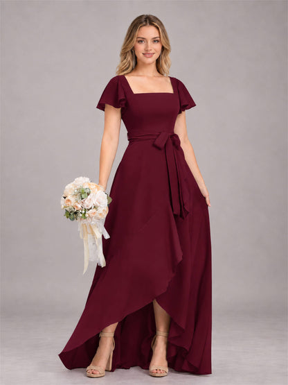 Burgundy Refined High Low Ruffles Chiffon Bridesmaid Dress with Belt