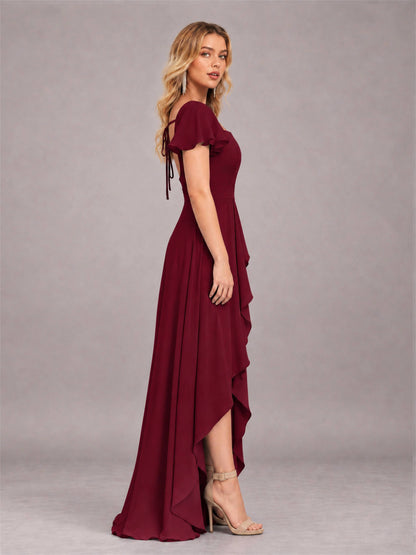 Burgundy Refined High Low Ruffles Chiffon Bridesmaid Dress with Belt