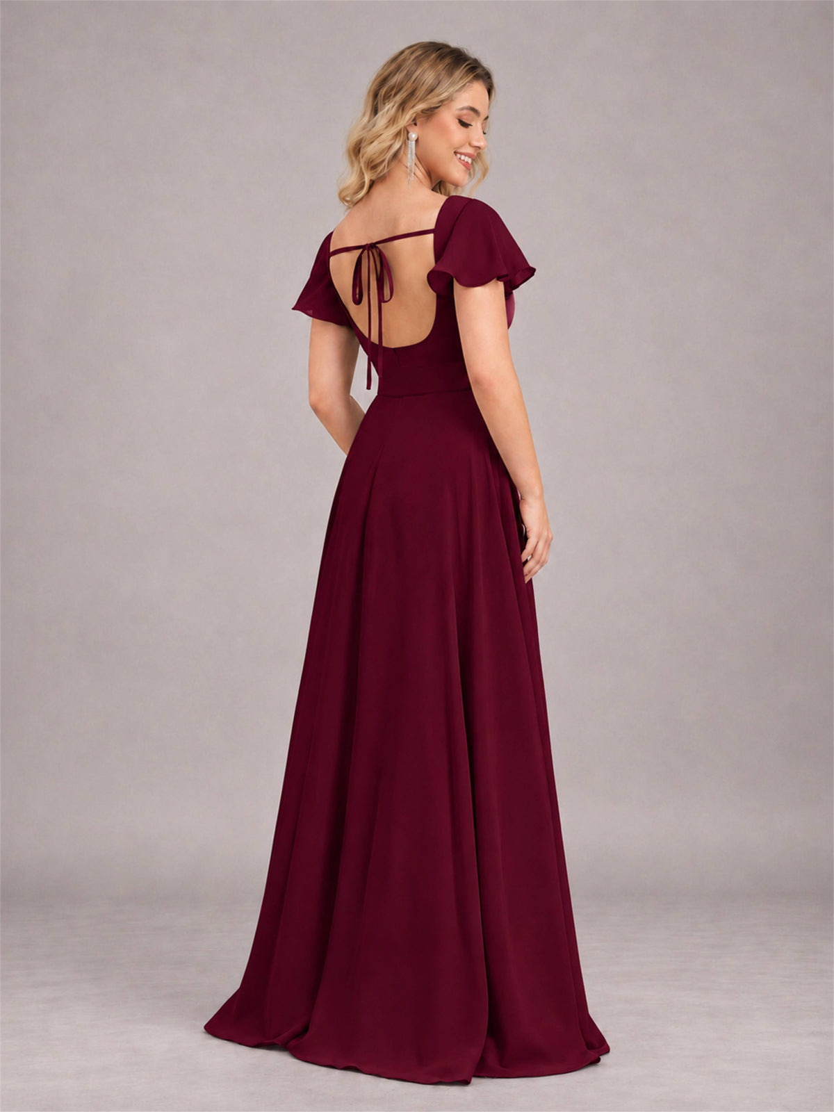 Burgundy Refined High Low Ruffles Chiffon Bridesmaid Dress with Belt