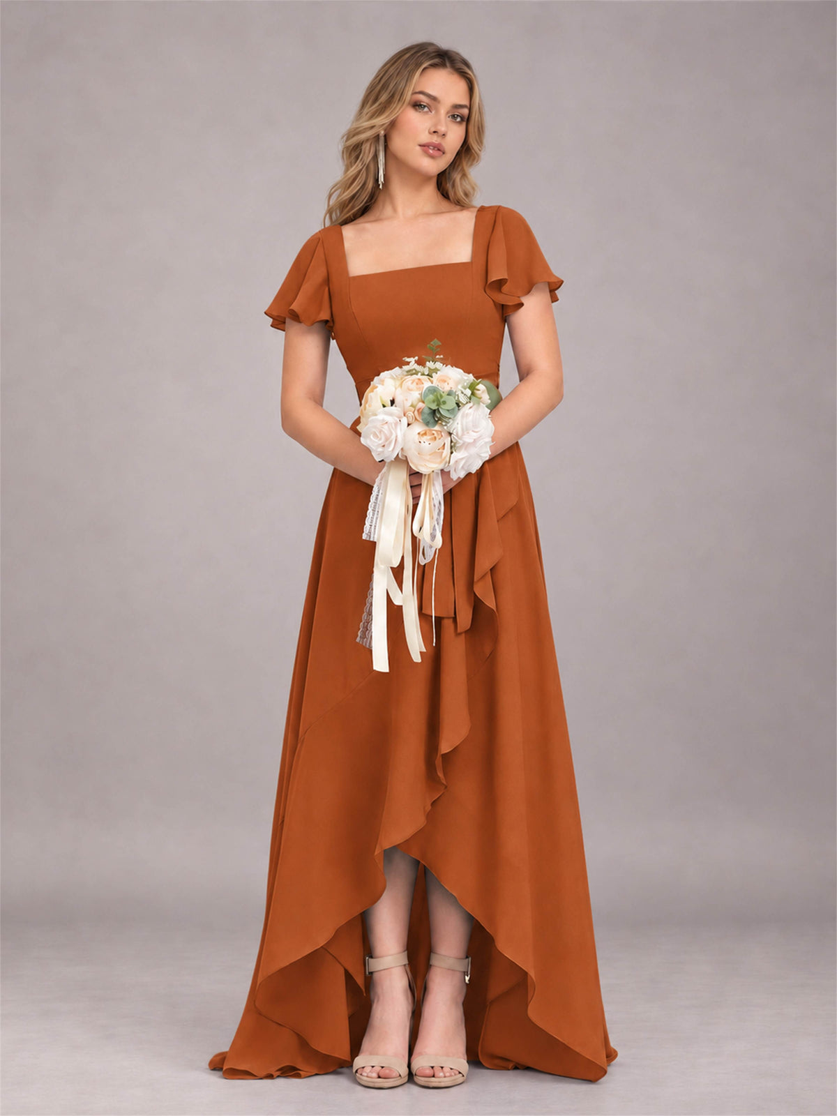 Burnt Orange Refined High Low Ruffles Chiffon Bridesmaid Dress with Belt