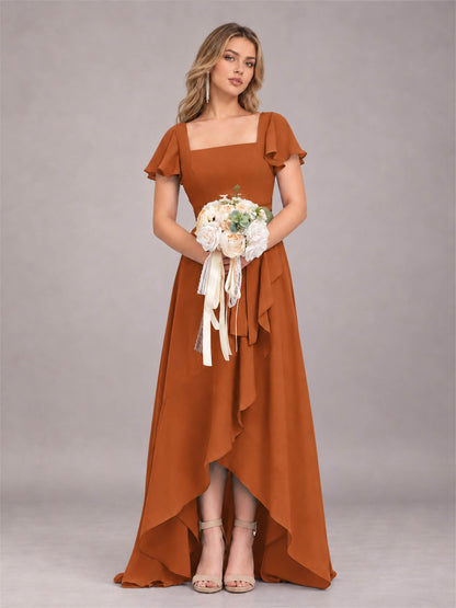 Burnt Orange Refined High Low Ruffles Chiffon Bridesmaid Dress with Belt