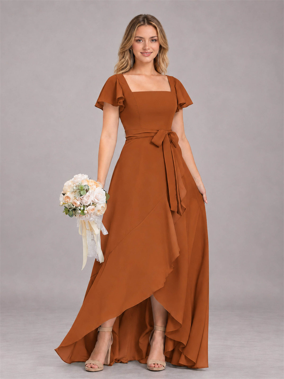 Burnt Orange Refined High Low Ruffles Chiffon Bridesmaid Dress with Belt