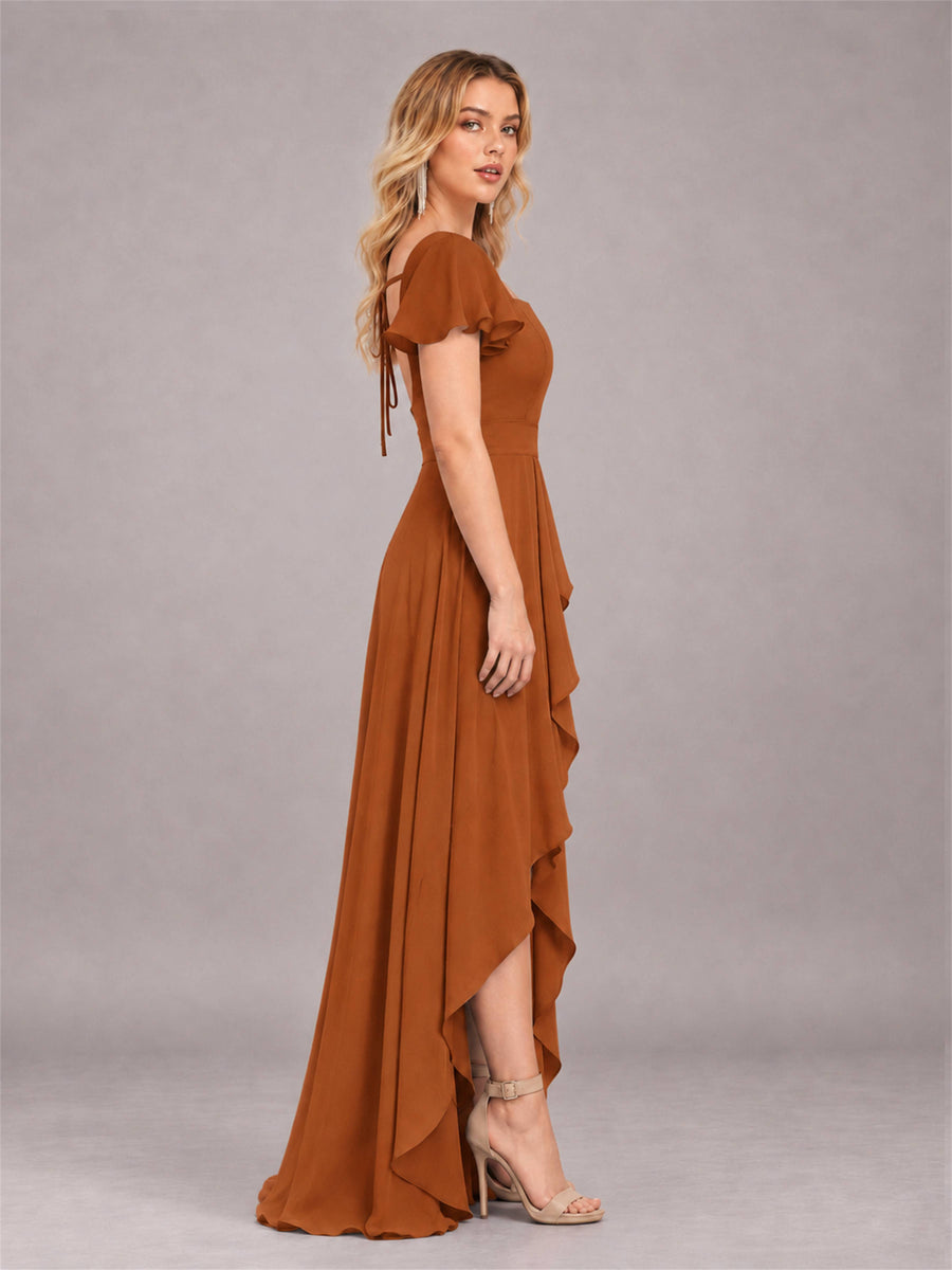 Burnt Orange Refined High Low Ruffles Chiffon Bridesmaid Dress with Belt