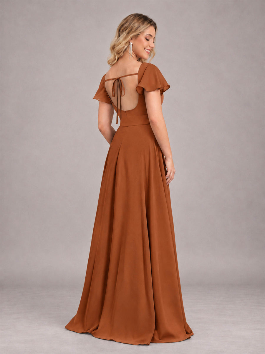 Burnt Orange Refined High Low Ruffles Chiffon Bridesmaid Dress with Belt