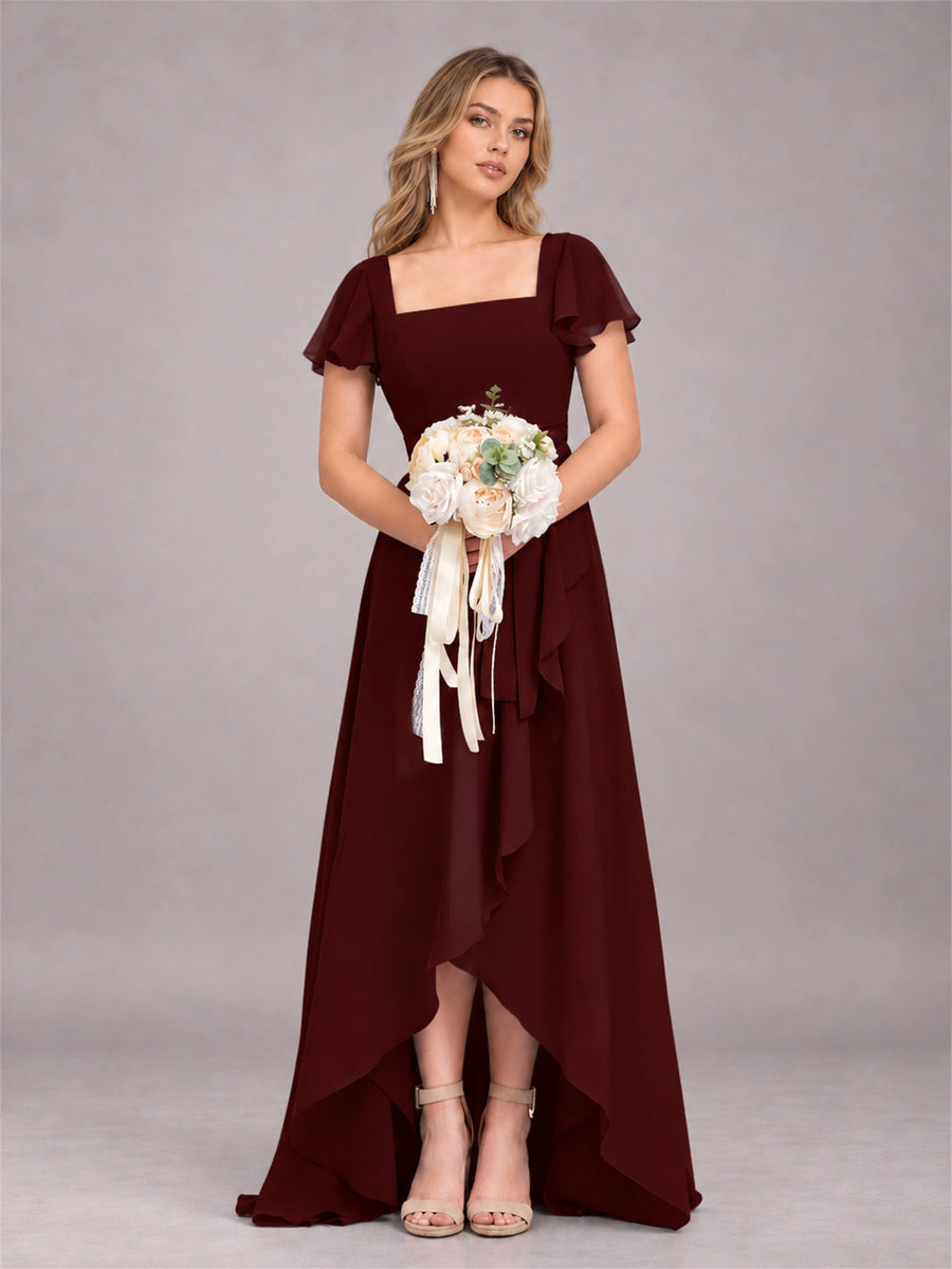Cabernet Refined High Low Ruffles Chiffon Bridesmaid Dress with Belt