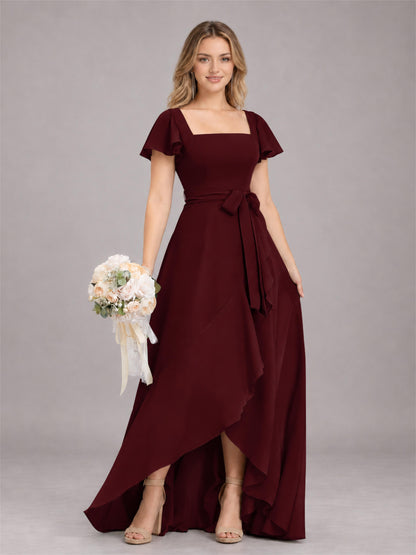 Cabernet Refined High Low Ruffles Chiffon Bridesmaid Dress with Belt