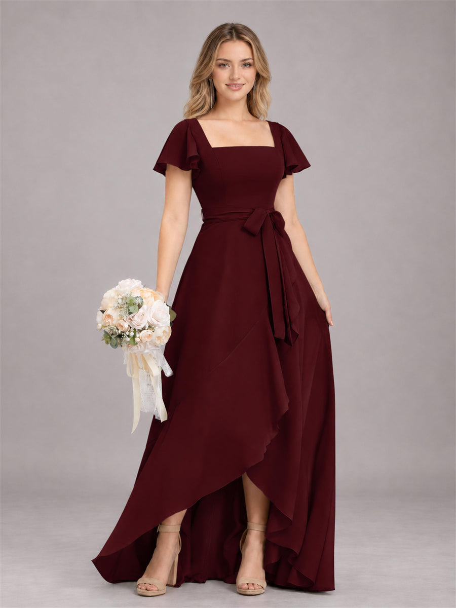 Cabernet Refined High Low Ruffles Chiffon Bridesmaid Dress with Belt