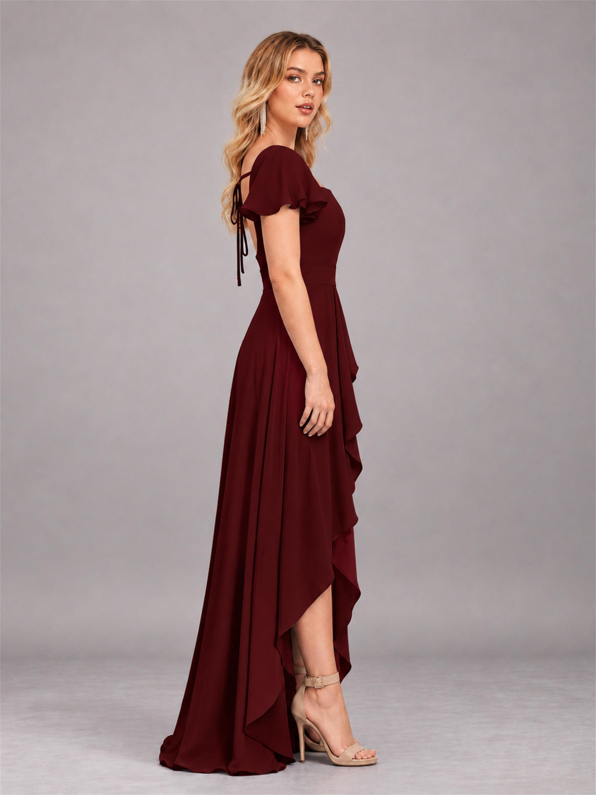 Cabernet Refined High Low Ruffles Chiffon Bridesmaid Dress with Belt