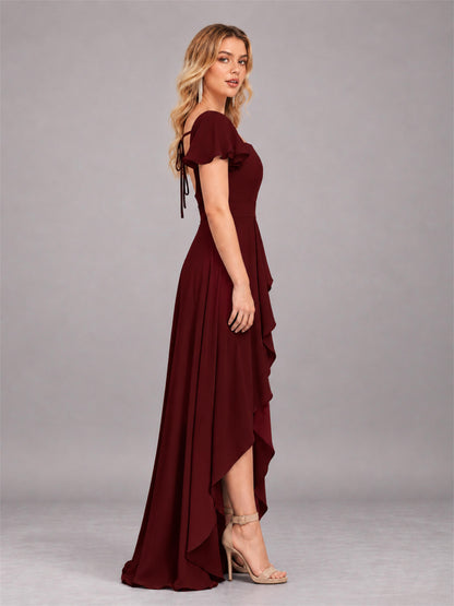 Cabernet Refined High Low Ruffles Chiffon Bridesmaid Dress with Belt