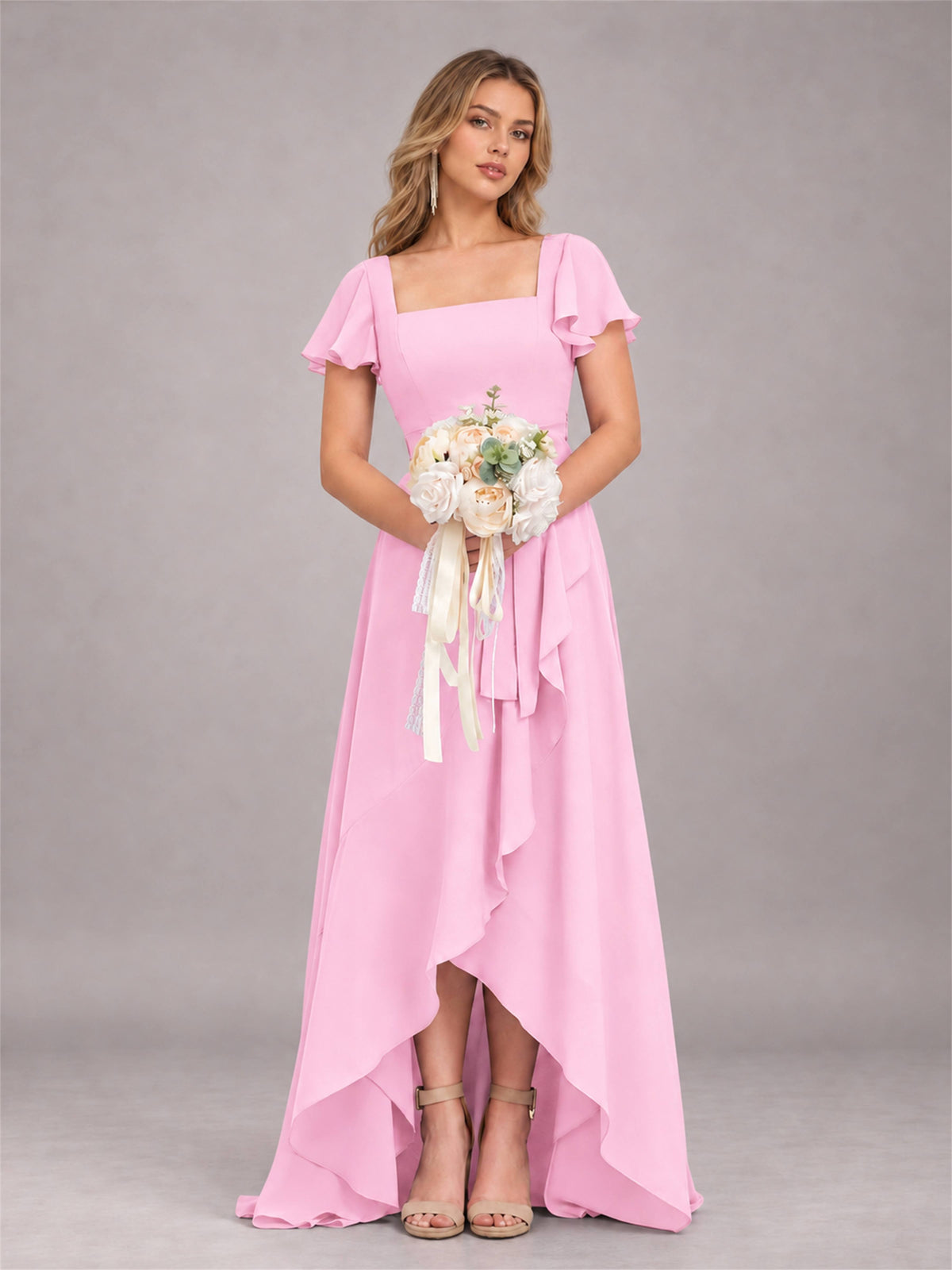 Candy Pink Refined High Low Ruffles Chiffon Bridesmaid Dress with Belt
