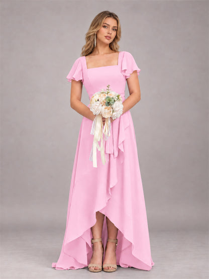 Candy Pink Refined High Low Ruffles Chiffon Bridesmaid Dress with Belt