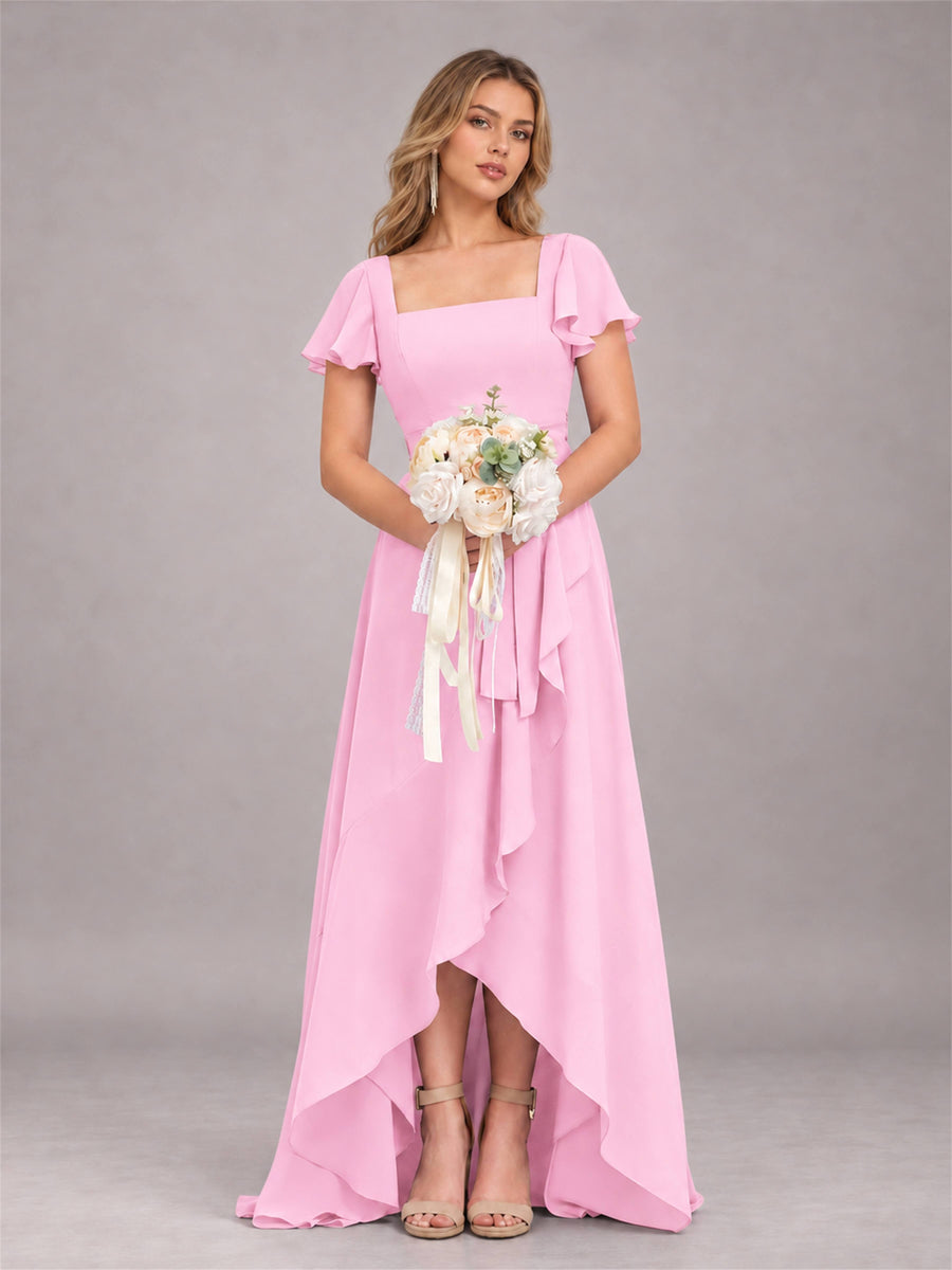 Candy Pink Refined High Low Ruffles Chiffon Bridesmaid Dress with Belt