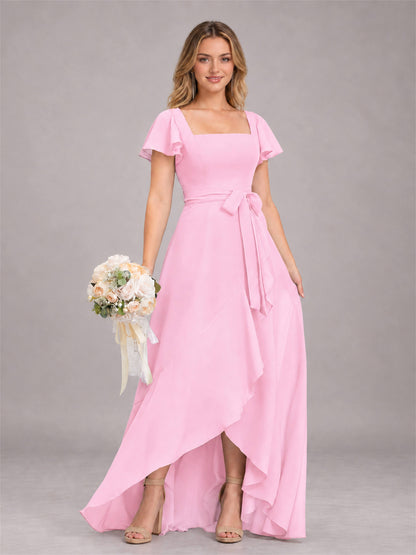 Candy Pink Refined High Low Ruffles Chiffon Bridesmaid Dress with Belt