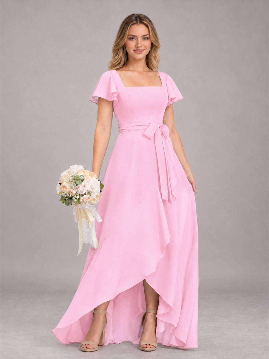 Candy Pink Refined High Low Ruffles Chiffon Bridesmaid Dress with Belt