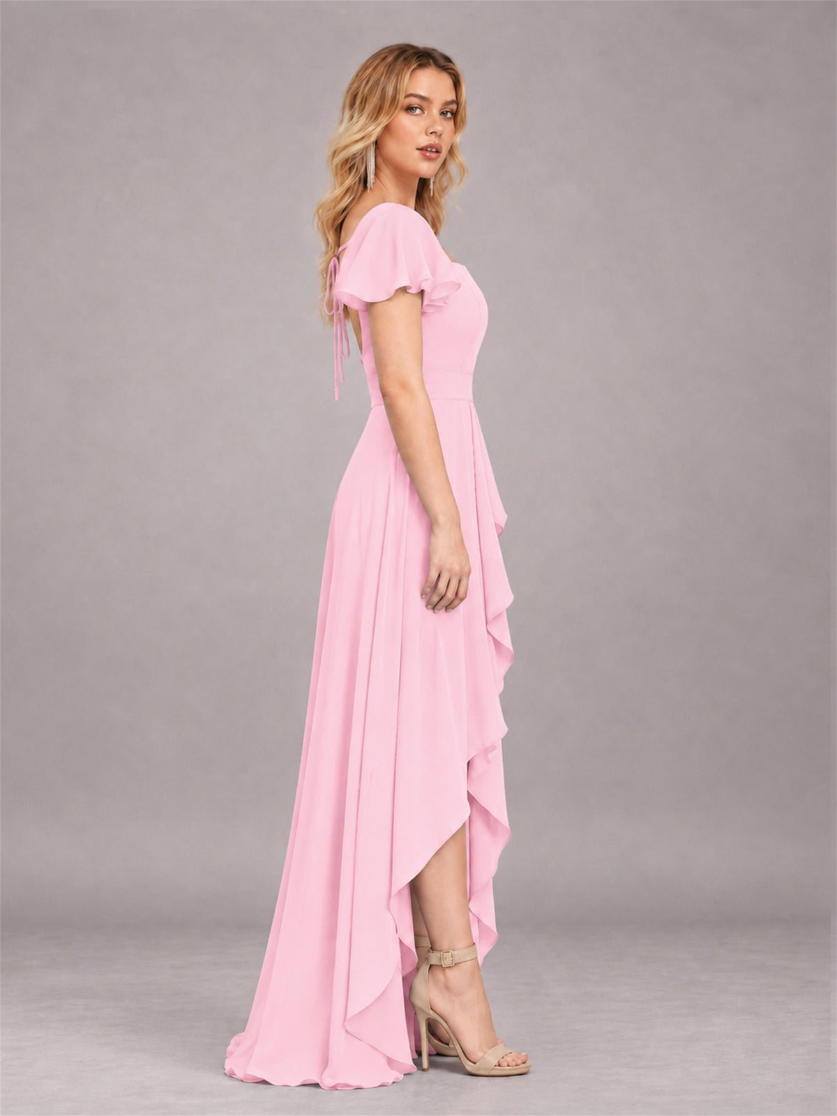 Candy Pink Refined High Low Ruffles Chiffon Bridesmaid Dress with Belt