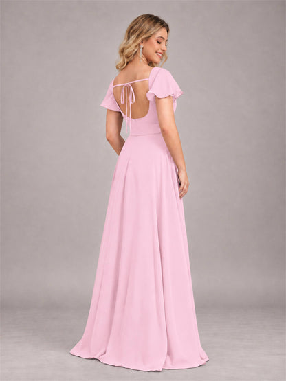 Candy Pink Refined High Low Ruffles Chiffon Bridesmaid Dress with Belt