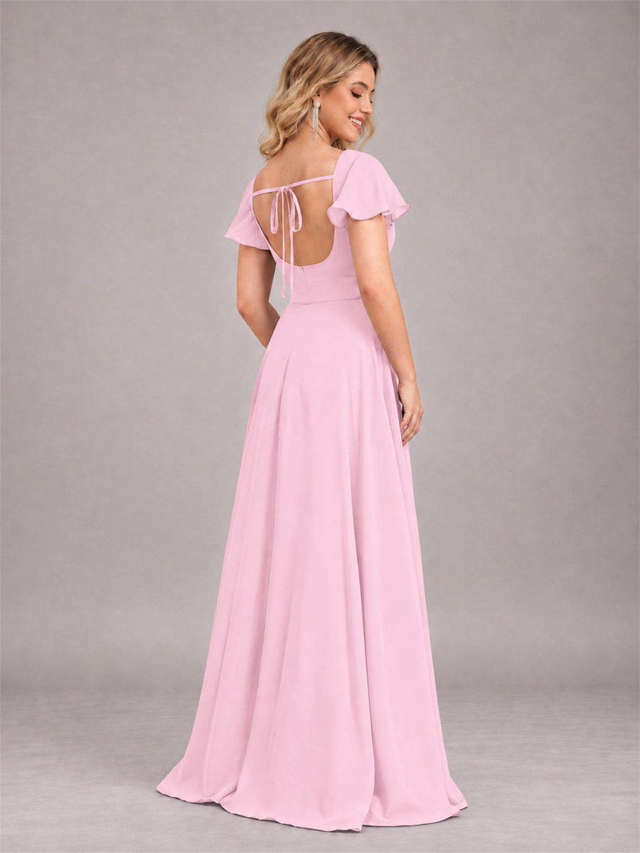 Candy Pink Refined High Low Ruffles Chiffon Bridesmaid Dress with Belt