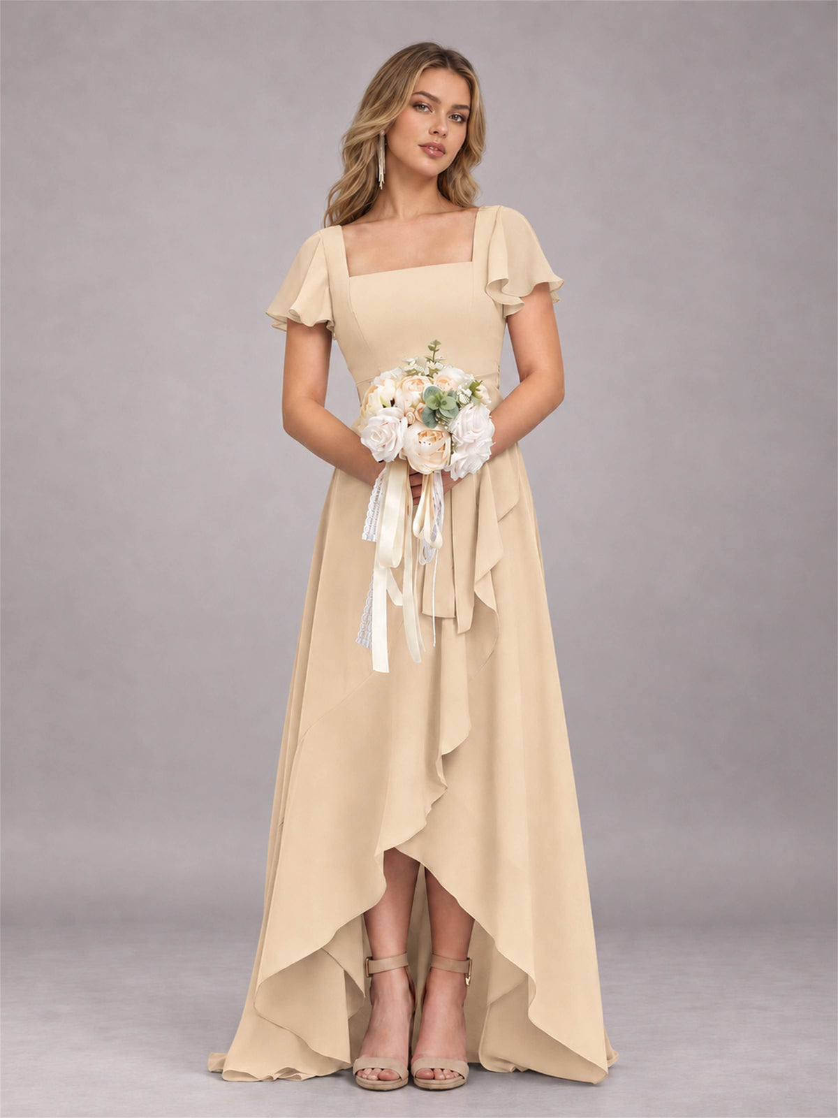 Champagne Refined High Low Ruffles Chiffon Bridesmaid Dress with Belt