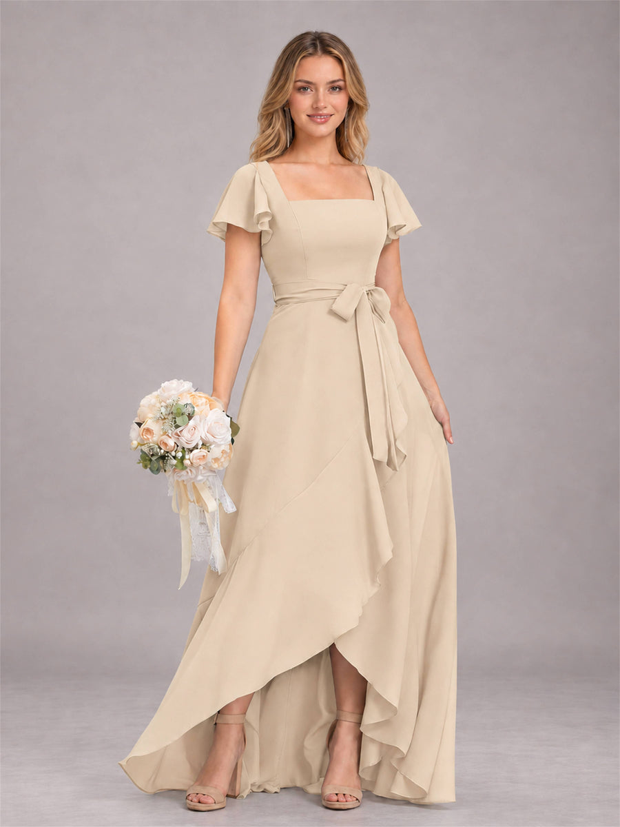 Champagne Refined High Low Ruffles Chiffon Bridesmaid Dress with Belt