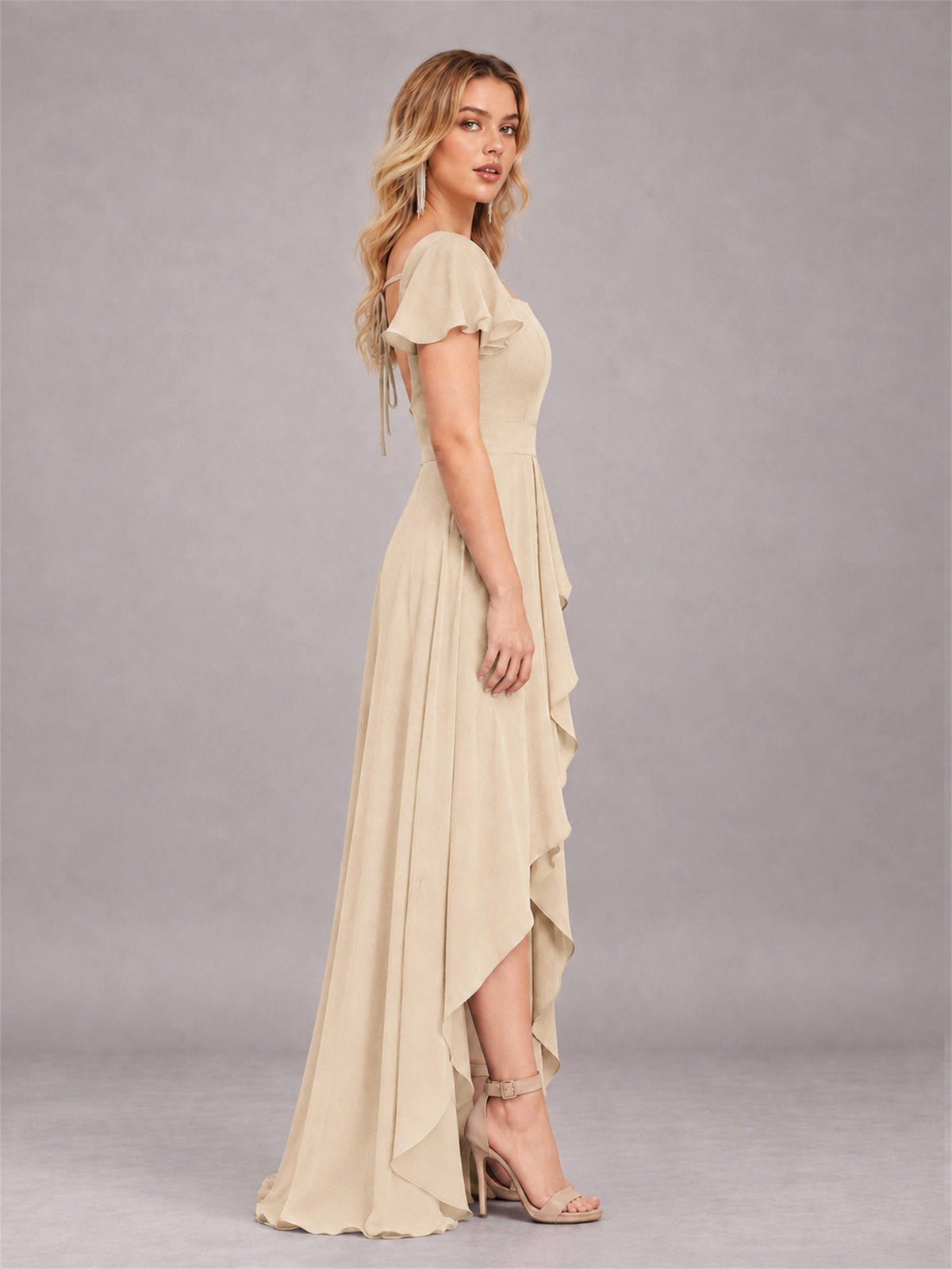 Champagne Refined High Low Ruffles Chiffon Bridesmaid Dress with Belt