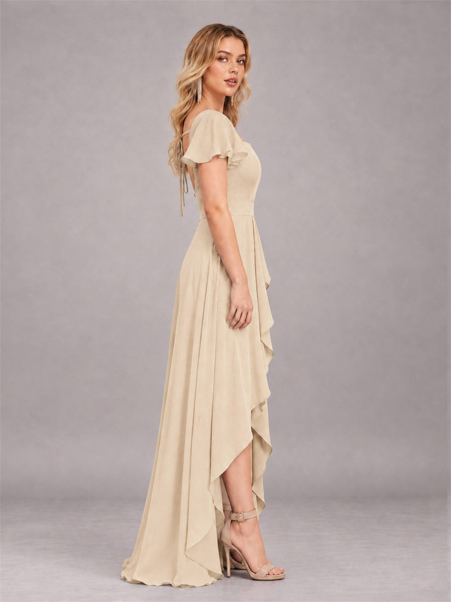 Champagne Refined High Low Ruffles Chiffon Bridesmaid Dress with Belt