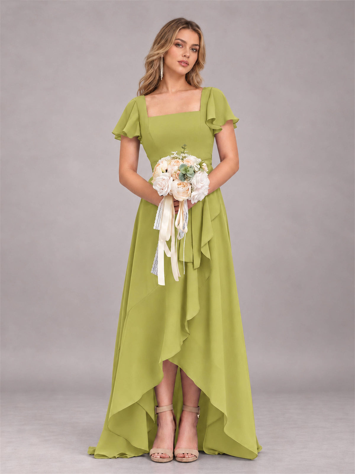 Chartreuse Refined High Low Ruffles Chiffon Bridesmaid Dress with Belt